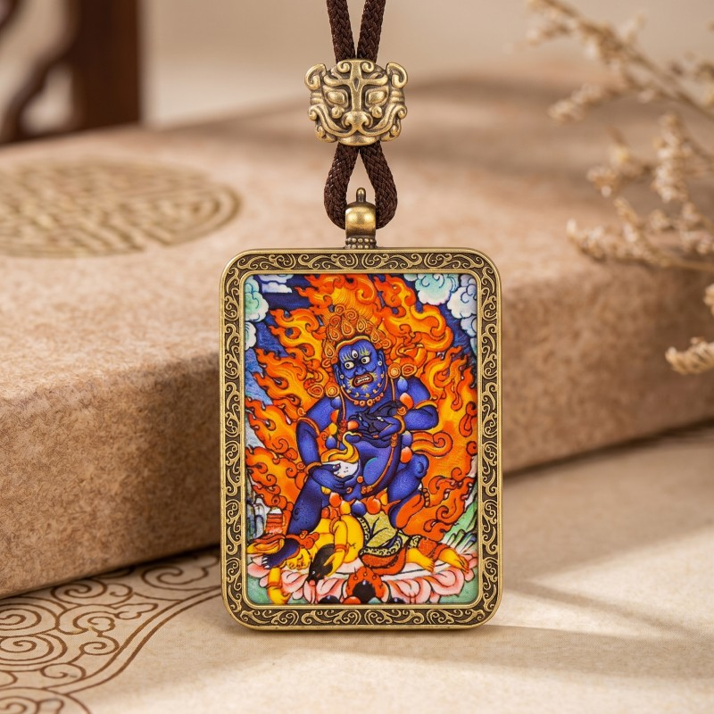Black Jambhala Hand-Painted Thangka Pendant | God of Swift Fortune & Obstacle Removal Amulet image 4