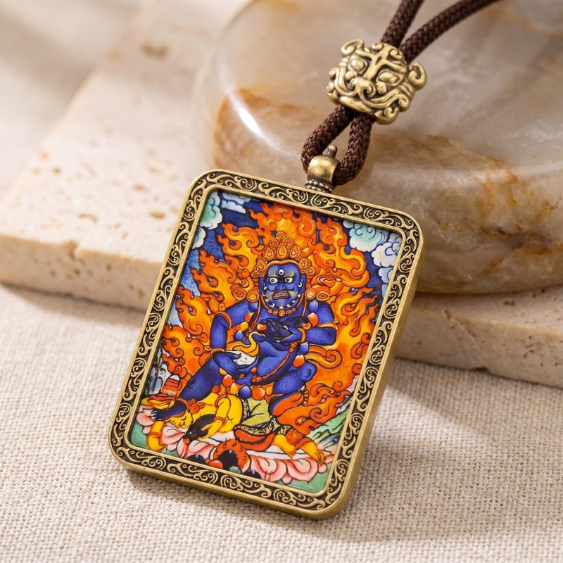 Black Jambhala Hand-Painted Thangka Pendant | God of Swift Fortune & Obstacle Removal Amulet image 5