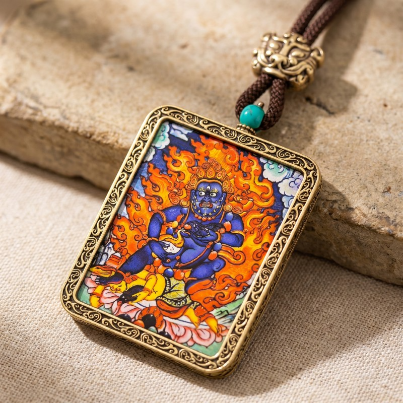 Black Jambhala Hand-Painted Thangka Pendant | God of Swift Fortune & Obstacle Removal Amulet image 6