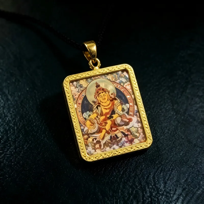 Black Jambhala Hand-Painted Thangka Pendant | God of Wealth & Protection Amulet