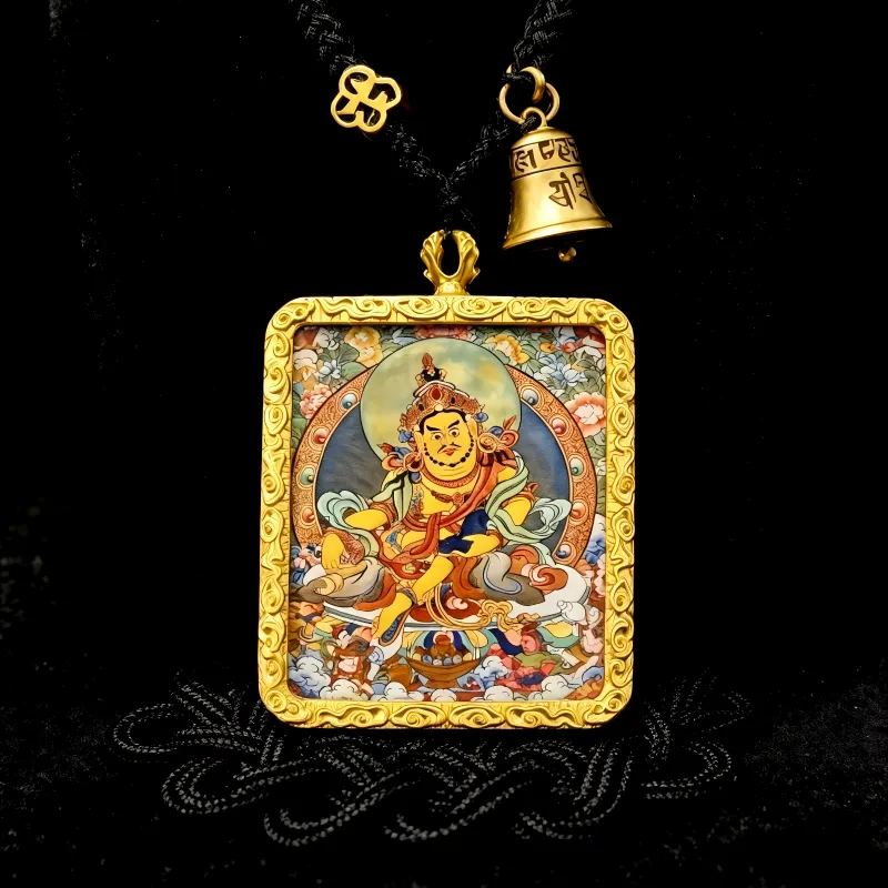 Black Jambhala Hand-Painted Thangka Pendant | God of Wealth & Protection Amulet image 2