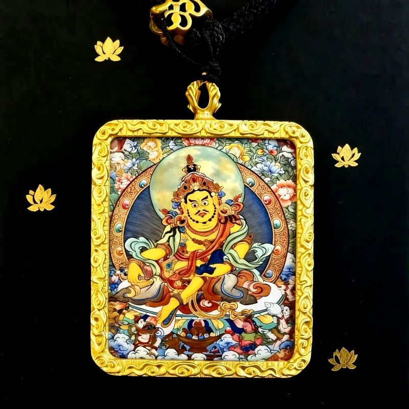 Black Jambhala Hand-Painted Thangka Pendant | God of Wealth & Protection Amulet image 3