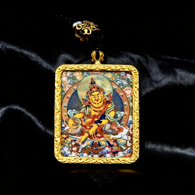 Black Jambhala Hand-Painted Thangka Pendant | God of Wealth & Protection Amulet image 6