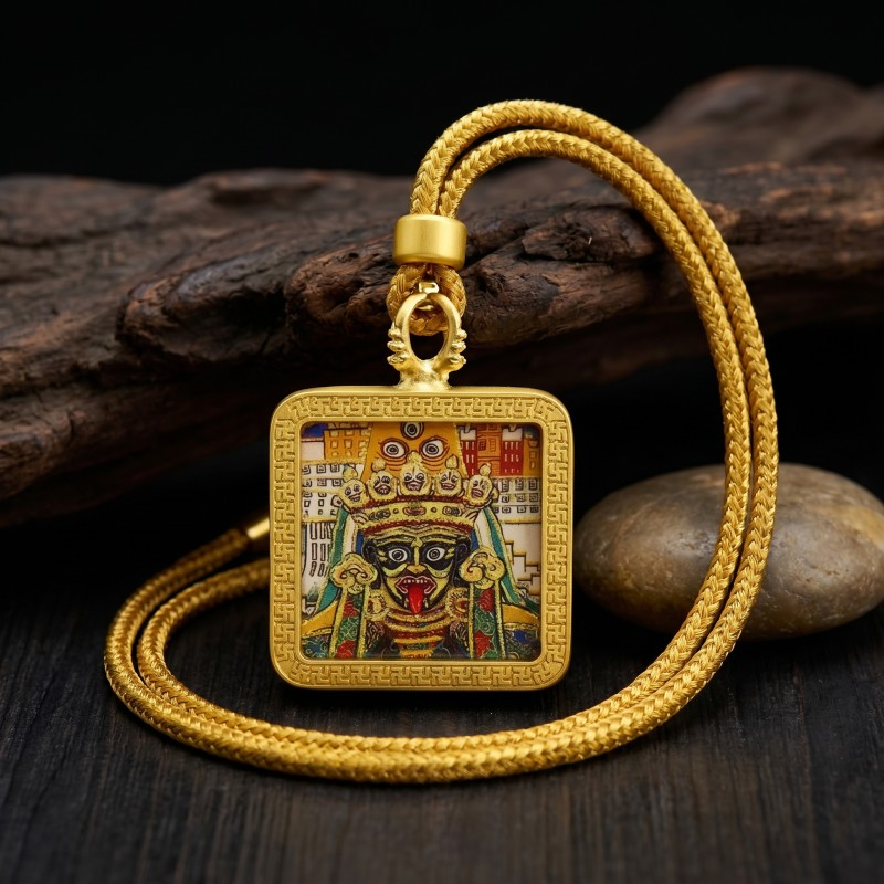 Black Jambhala Hand-Painted Thangka Pendant | God of Wealth & Protection Amulet