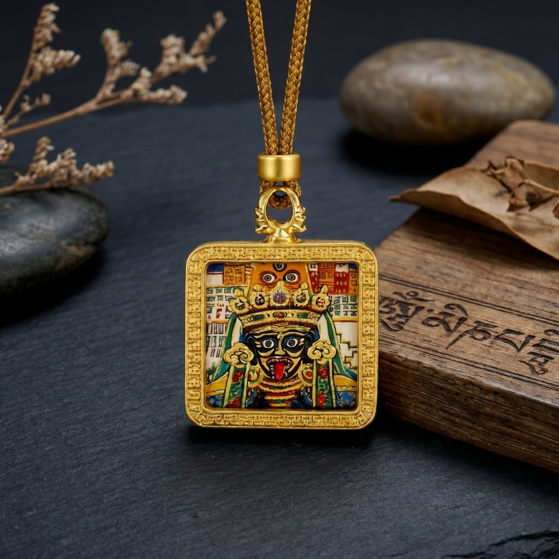 Black Jambhala Hand-Painted Thangka Pendant | God of Wealth & Protection Amulet image 2