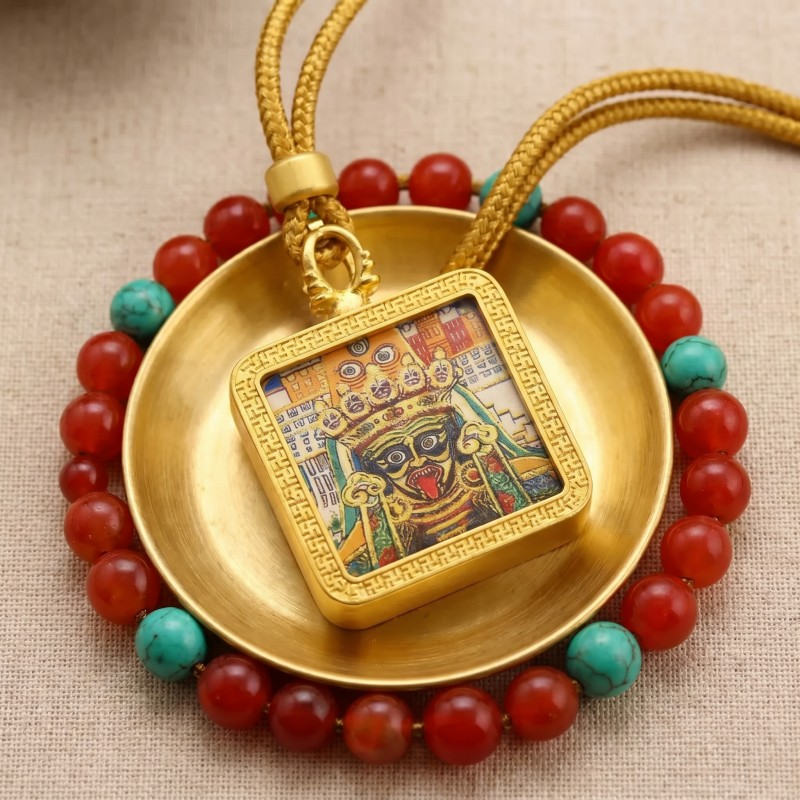 Black Jambhala Hand-Painted Thangka Pendant | God of Wealth & Protection Amulet image 3