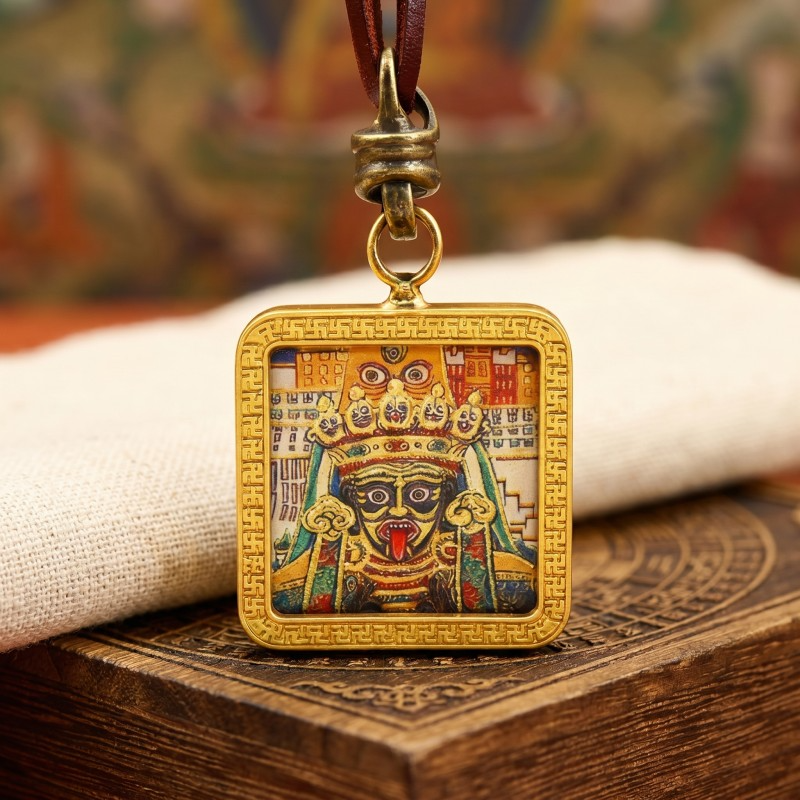 Black Jambhala Hand-Painted Thangka Pendant | God of Wealth & Protection Amulet image 4