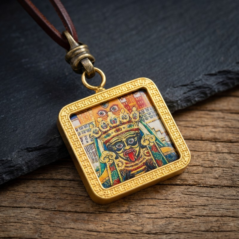 Black Jambhala Hand-Painted Thangka Pendant | God of Wealth & Protection Amulet image 5