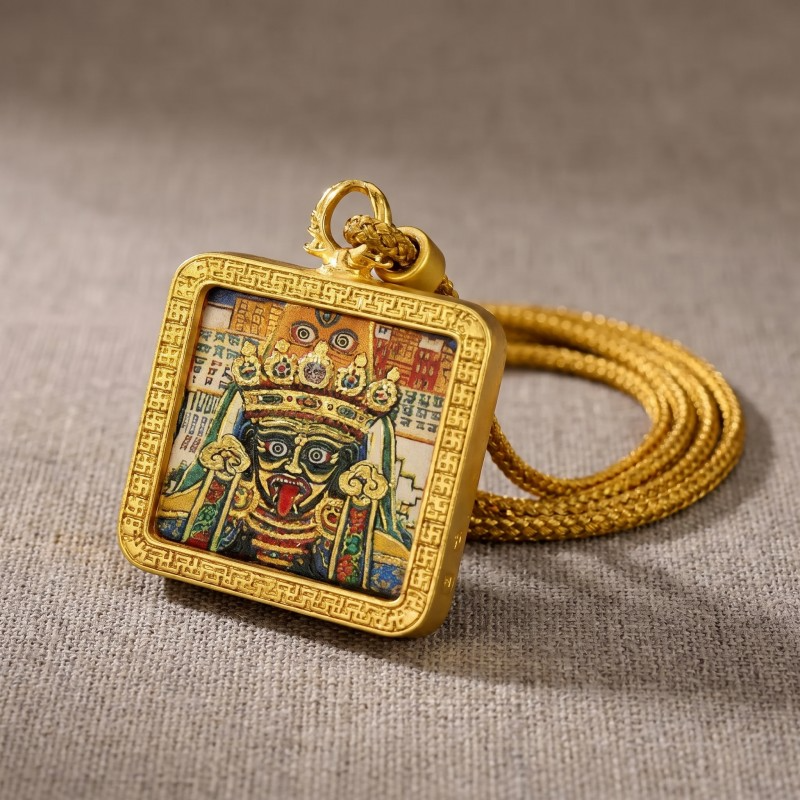 Black Jambhala Hand-Painted Thangka Pendant | God of Wealth & Protection Amulet image 6