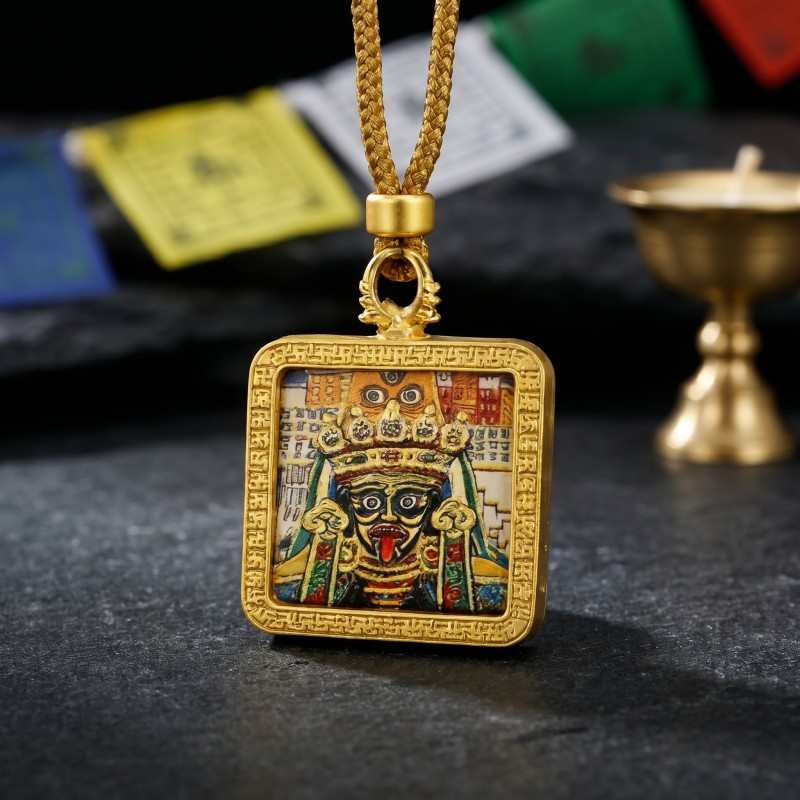 Black Jambhala Hand-Painted Thangka Pendant | God of Wealth & Protection Amulet image 7