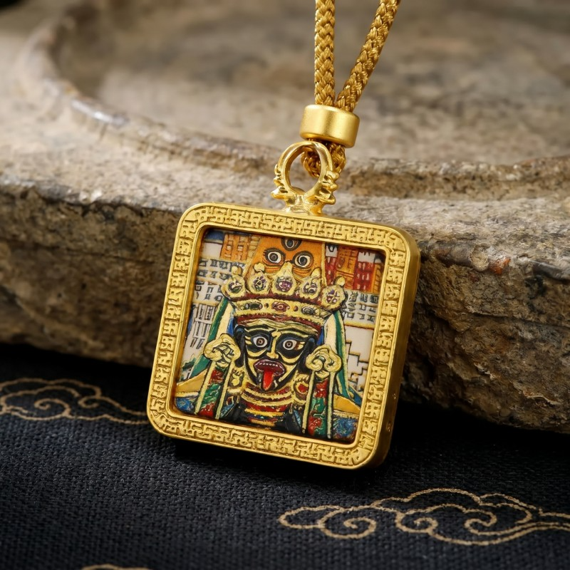 Black Jambhala Hand-Painted Thangka Pendant | God of Wealth & Protection Amulet image 8