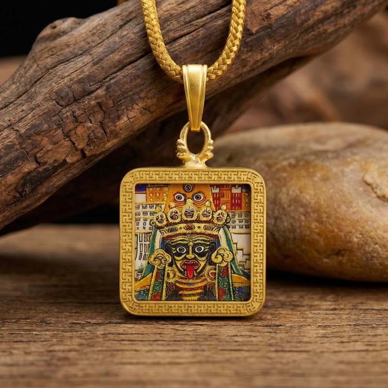 Black Jambhala Hand-Painted Thangka Pendant | God of Wealth & Protection Amulet image 9
