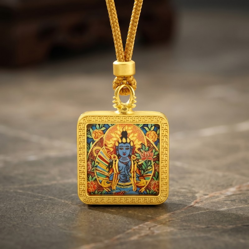 Blue Tara (Swift Protection Form) Hand-Painted Thangka Pendant | Goddess of Disaster Relief & Safety Amulet