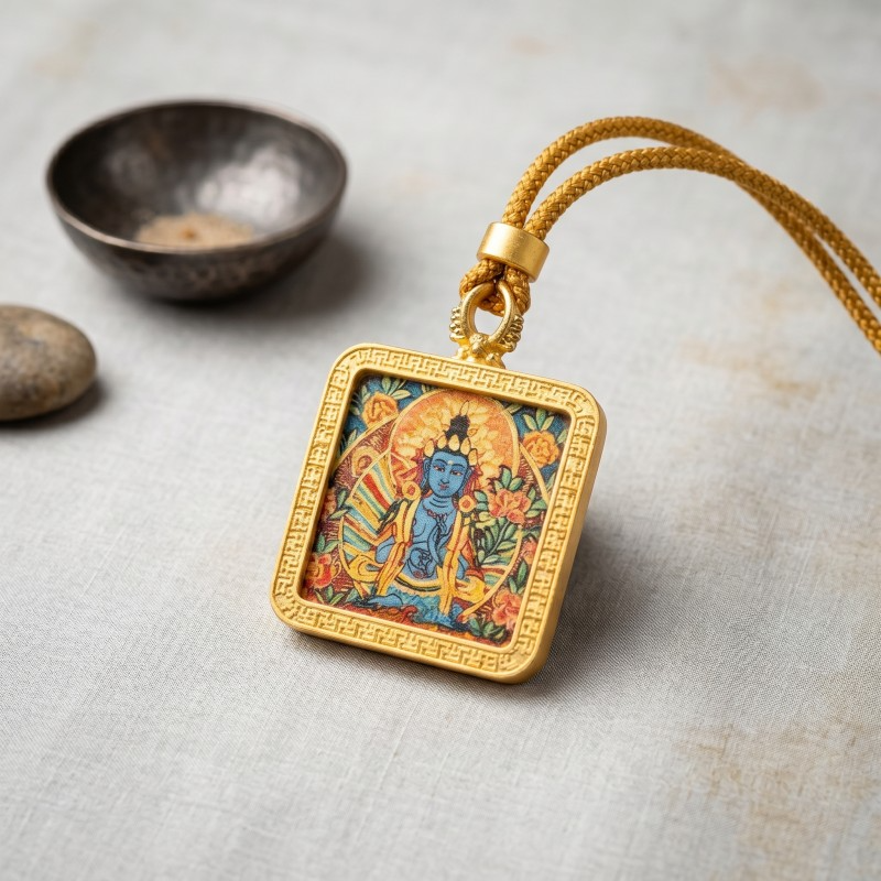 Blue Tara (Swift Protection Form) Hand-Painted Thangka Pendant | Goddess of Disaster Relief & Safety Amulet image 2