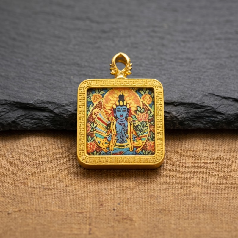 Blue Tara (Swift Protection Form) Hand-Painted Thangka Pendant | Goddess of Disaster Relief & Safety Amulet image 4