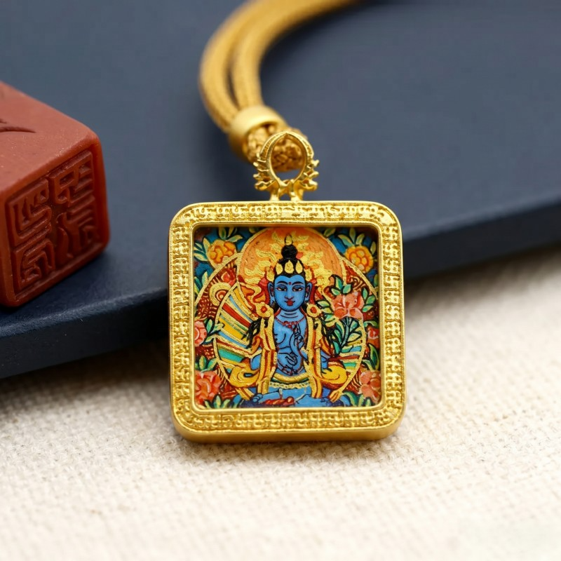 Blue Tara (Swift Protection Form) Hand-Painted Thangka Pendant | Goddess of Disaster Relief & Safety Amulet image 5
