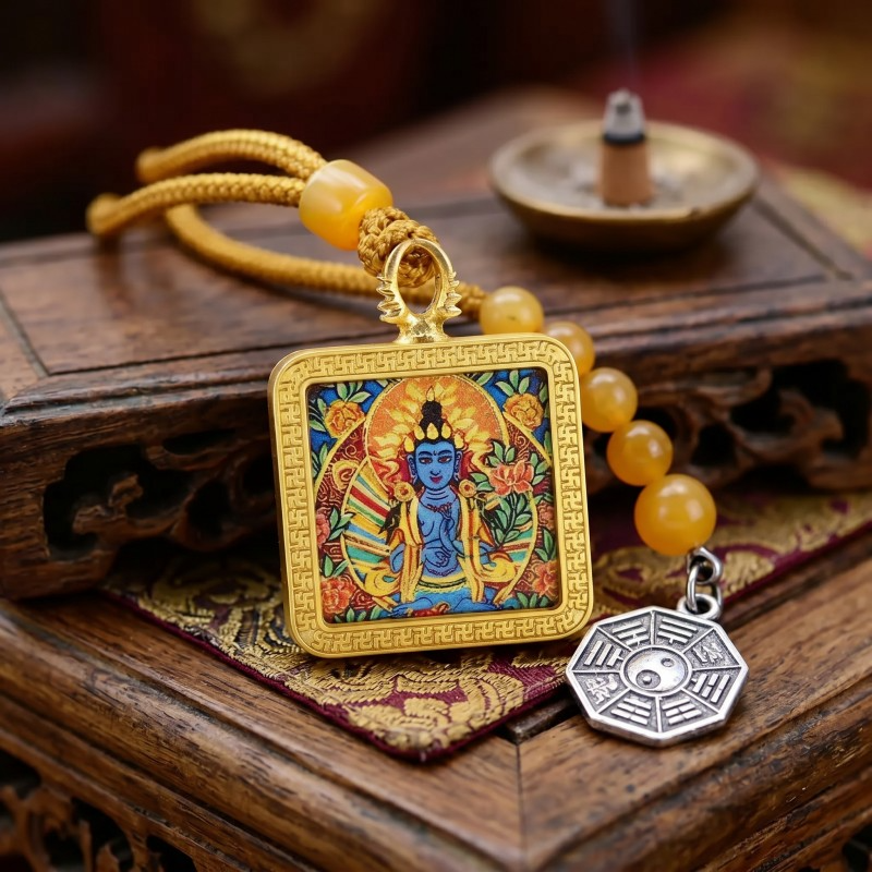 Blue Tara (Swift Protection Form) Hand-Painted Thangka Pendant | Goddess of Disaster Relief & Safety Amulet image 6