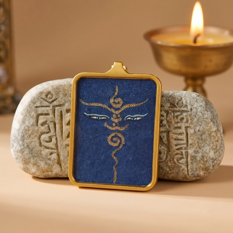 Buddha’s Wisdom Eyes (Blue Background) Hand-Painted Thangka Pendant | Sacred Prajna Eyes Amulet for Clarity & Protection