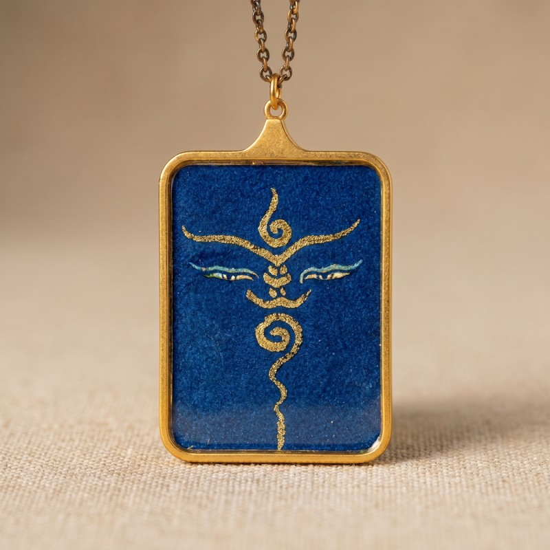 Buddha’s Wisdom Eyes (Blue Background) Hand-Painted Thangka Pendant | Sacred Prajna Eyes Amulet for Clarity & Protection image 3