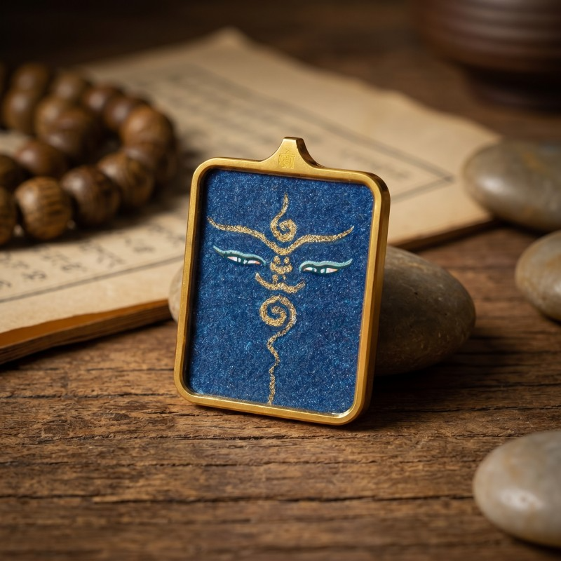 Buddha’s Wisdom Eyes (Blue Background) Hand-Painted Thangka Pendant | Sacred Prajna Eyes Amulet for Clarity & Protection image 4
