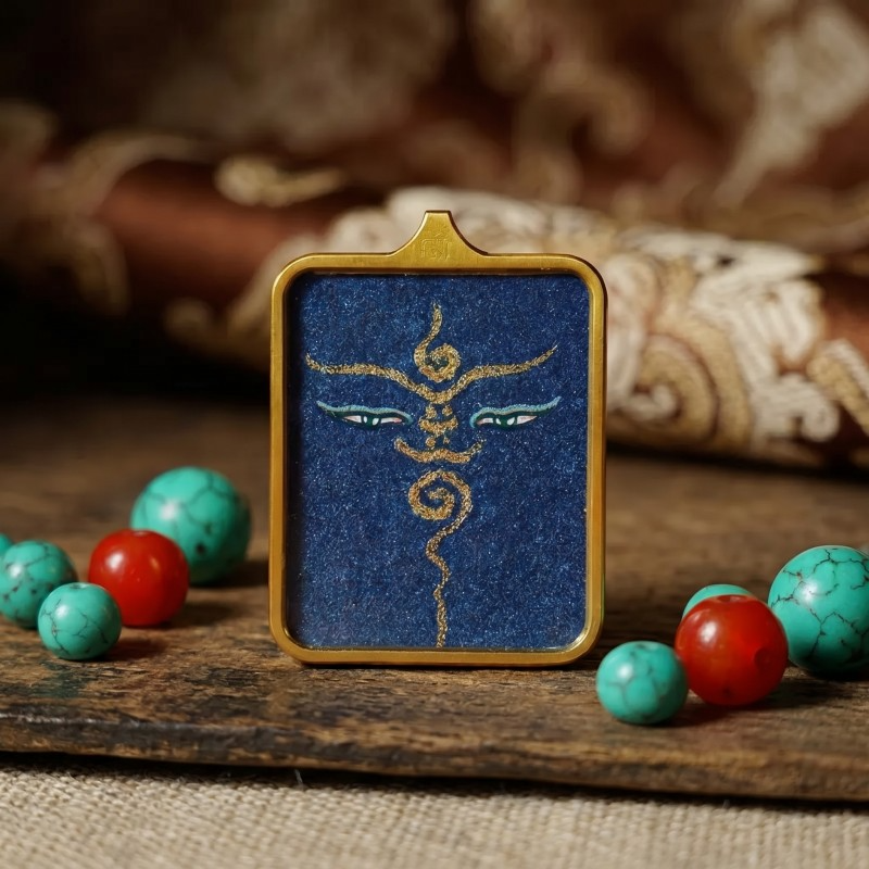Buddha’s Wisdom Eyes (Blue Background) Hand-Painted Thangka Pendant | Sacred Prajna Eyes Amulet for Clarity & Protection image 5