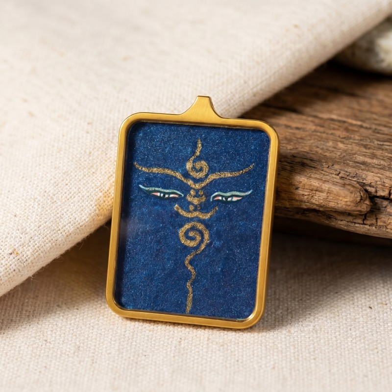 Buddha’s Wisdom Eyes (Blue Background) Hand-Painted Thangka Pendant | Sacred Prajna Eyes Amulet for Clarity & Protection image 6