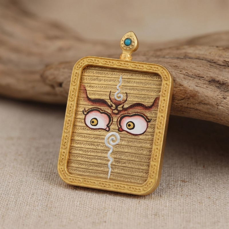 Buddha’s Wisdom Eyes (Golden Background) Hand-Painted Thangka Pendant | Sacred Prajna Eyes Amulet for Protection & Clarity image 2