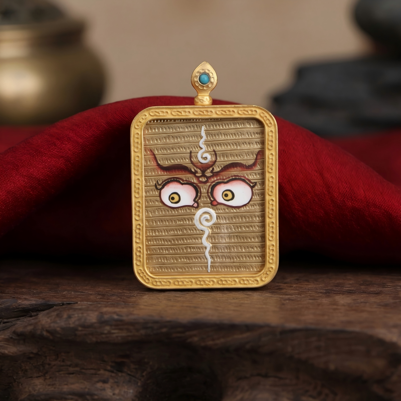 Buddha’s Wisdom Eyes (Golden Background) Hand-Painted Thangka Pendant | Sacred Prajna Eyes Amulet for Protection & Clarity image 3