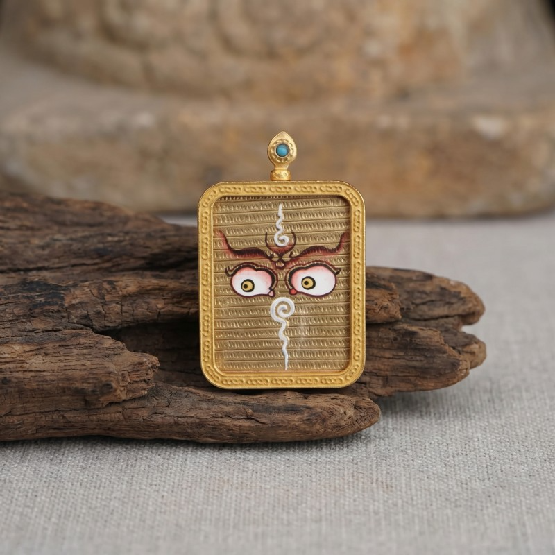 Buddha’s Wisdom Eyes (Golden Background) Hand-Painted Thangka Pendant | Sacred Prajna Eyes Amulet for Protection & Clarity image 6