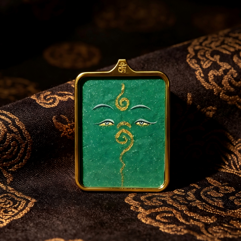 Buddha’s Wisdom Eyes (Green Background) Hand-Painted Thangka Pendant | Sacred Prajna Eyes Amulet for Protection & Good Fortune image 2
