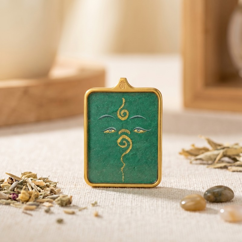 Buddha’s Wisdom Eyes (Green Background) Hand-Painted Thangka Pendant | Sacred Prajna Eyes Amulet for Protection & Good Fortune image 3