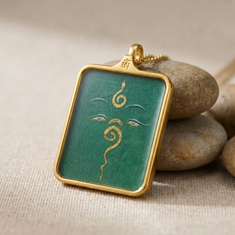 Buddha’s Wisdom Eyes (Green Background) Hand-Painted Thangka Pendant | Sacred Prajna Eyes Amulet for Protection & Good Fortune image 4