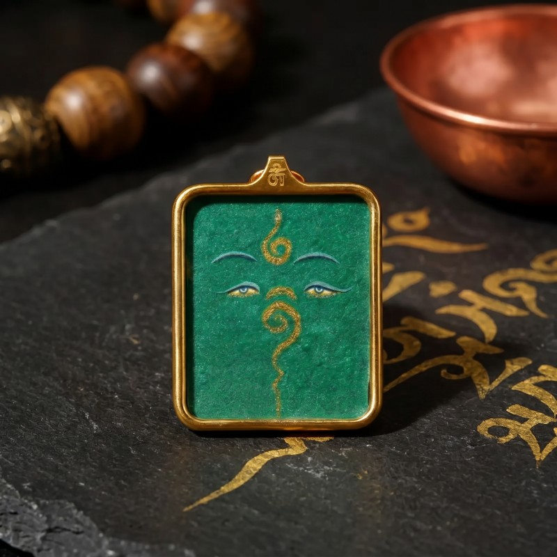 Buddha’s Wisdom Eyes (Green Background) Hand-Painted Thangka Pendant | Sacred Prajna Eyes Amulet for Protection & Good Fortune image 5