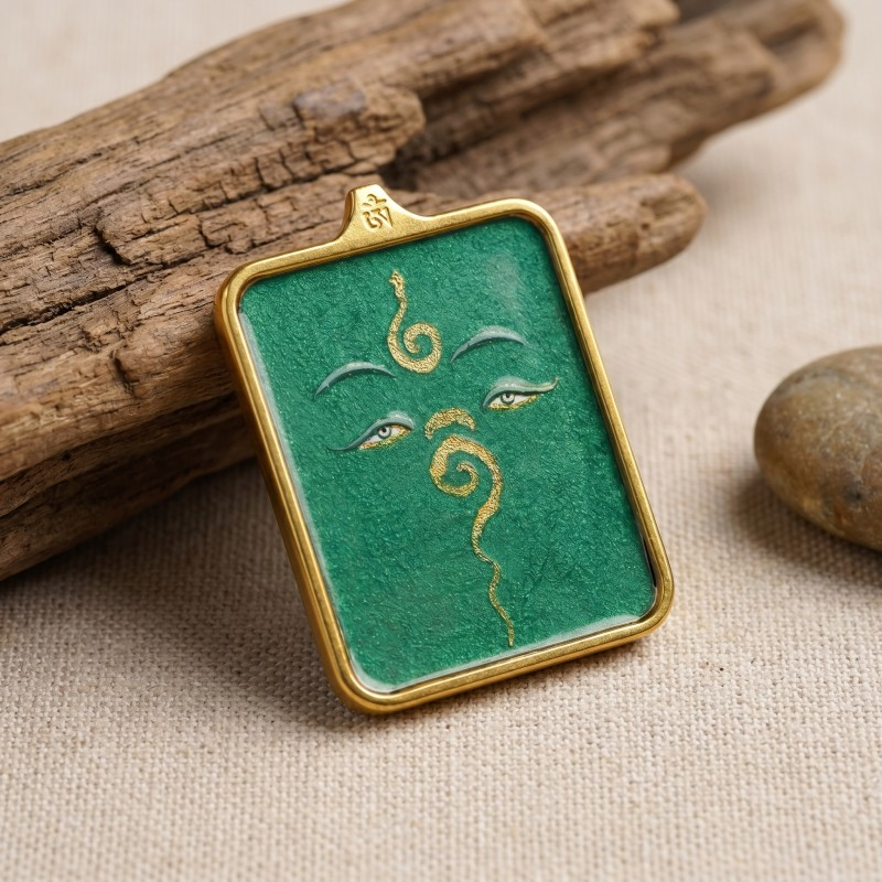 Buddha’s Wisdom Eyes (Green Background) Hand-Painted Thangka Pendant | Sacred Prajna Eyes Amulet for Protection & Good Fortune image 6
