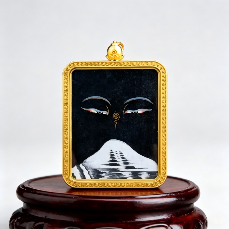 Buddha’s Wisdom Eyes with Mount Kailash Hand-Painted Thangka Pendant | Sacred Symbol of Clarity & Spiritual Connection Amulet