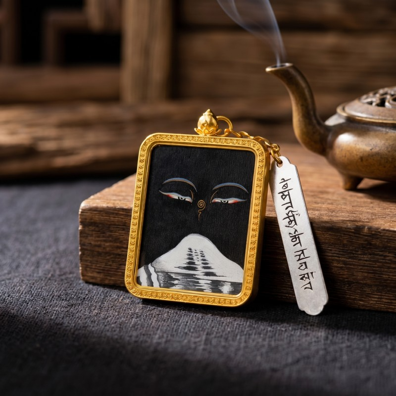 Buddha’s Wisdom Eyes with Mount Kailash Hand-Painted Thangka Pendant | Sacred Symbol of Clarity & Spiritual Connection Amulet image 2