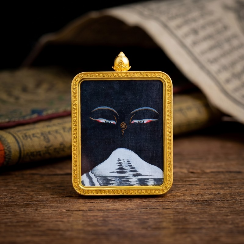 Buddha’s Wisdom Eyes with Mount Kailash Hand-Painted Thangka Pendant | Sacred Symbol of Clarity & Spiritual Connection Amulet image 3