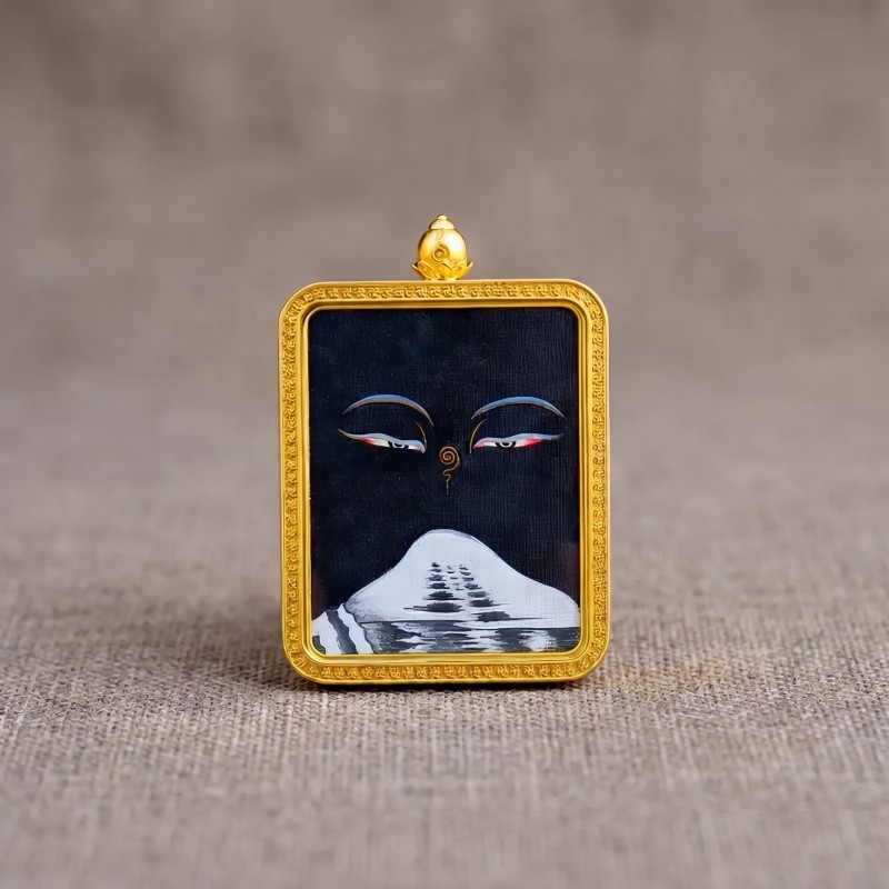 Buddha’s Wisdom Eyes with Mount Kailash Hand-Painted Thangka Pendant | Sacred Symbol of Clarity & Spiritual Connection Amulet image 4
