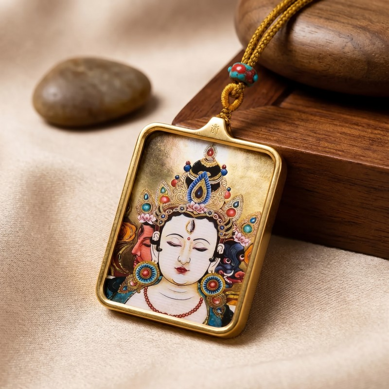 Chenrezig (Avalokiteshvara) Hand-Painted Thangka Pendant | Amulet of Compassion & Divine Guidance