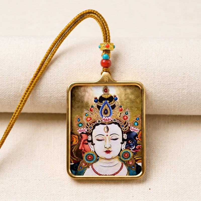 Chenrezig (Avalokiteshvara) Hand-Painted Thangka Pendant | Amulet of Compassion & Divine Guidance image 2