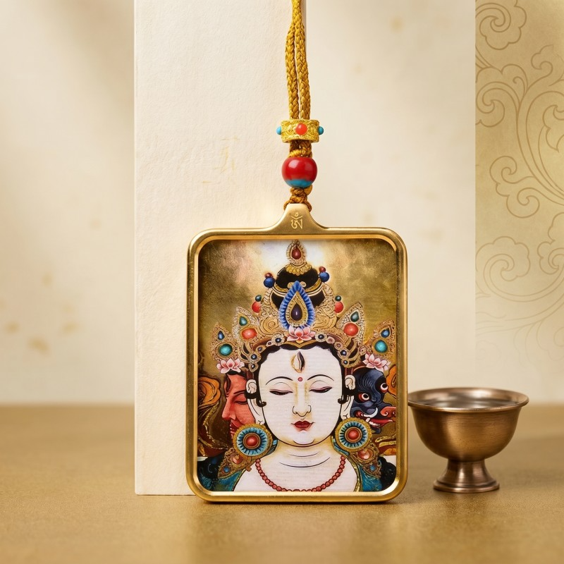 Chenrezig (Avalokiteshvara) Hand-Painted Thangka Pendant | Amulet of Compassion & Divine Guidance image 3