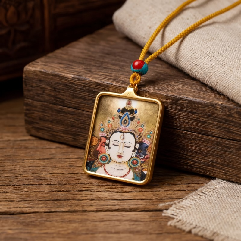 Chenrezig (Avalokiteshvara) Hand-Painted Thangka Pendant | Amulet of Compassion & Divine Guidance image 4