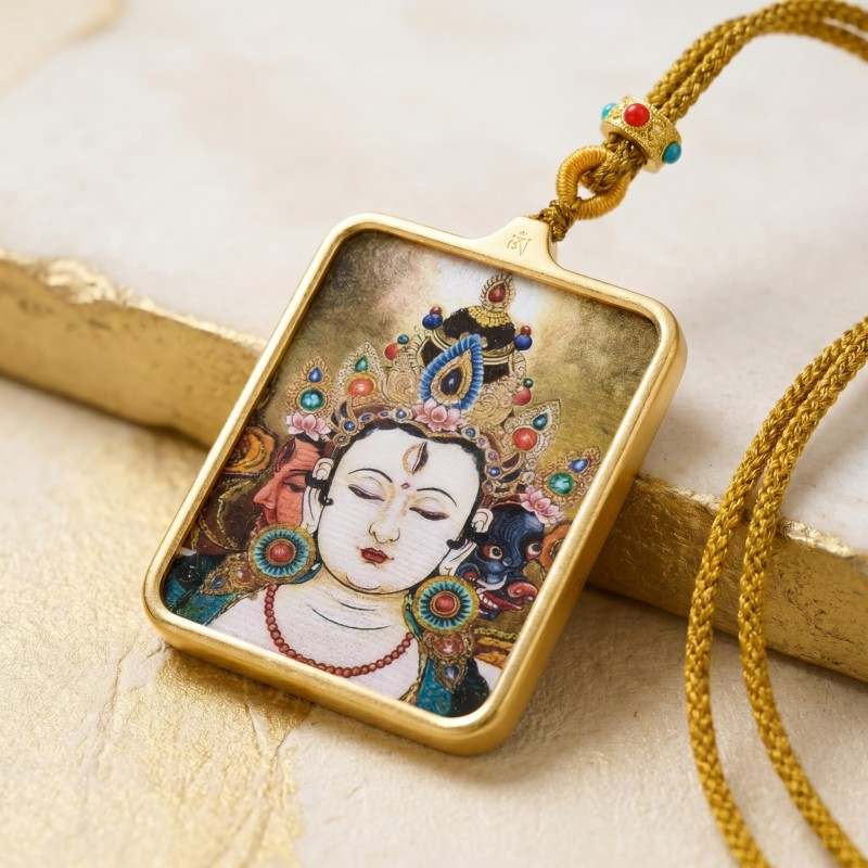 Chenrezig (Avalokiteshvara) Hand-Painted Thangka Pendant | Amulet of Compassion & Divine Guidance image 5