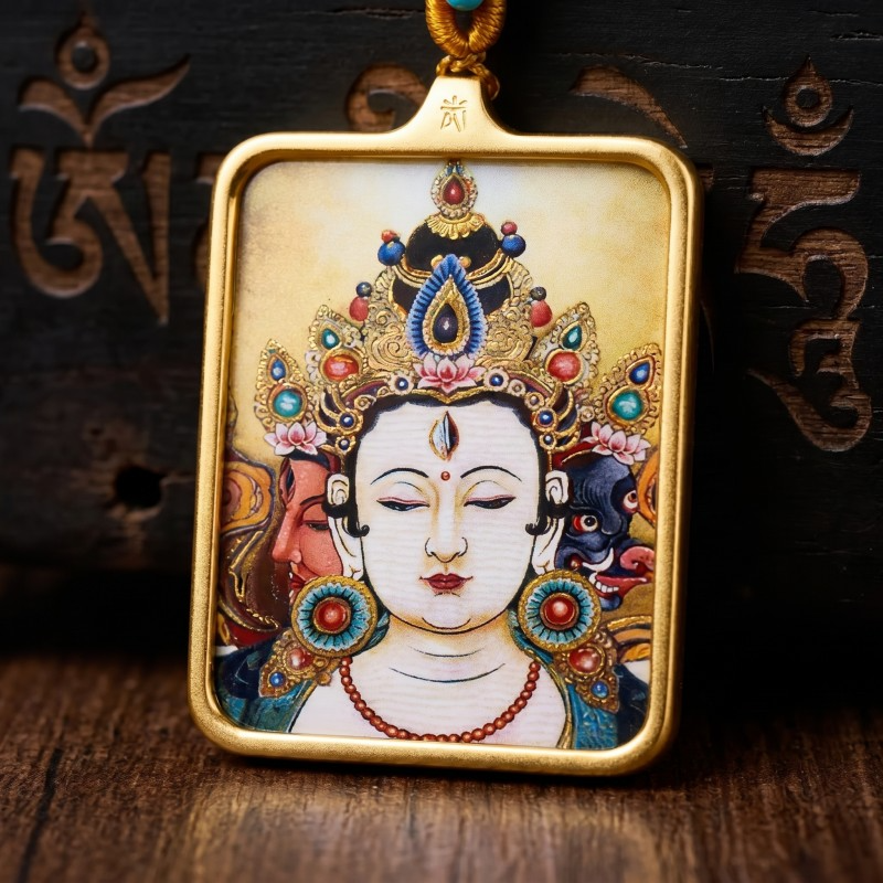 Chenrezig (Avalokiteshvara) Hand-Painted Thangka Pendant | Amulet of Compassion & Divine Guidance image 6