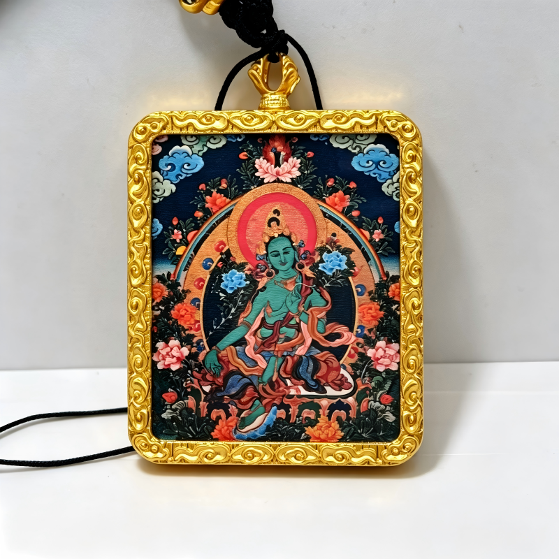 Chenrezig (Four-Armed Avalokiteshvara) Hand-Painted Thangka Pendant | Bodhisattva of Compassion Amulet for Peace & Protection
