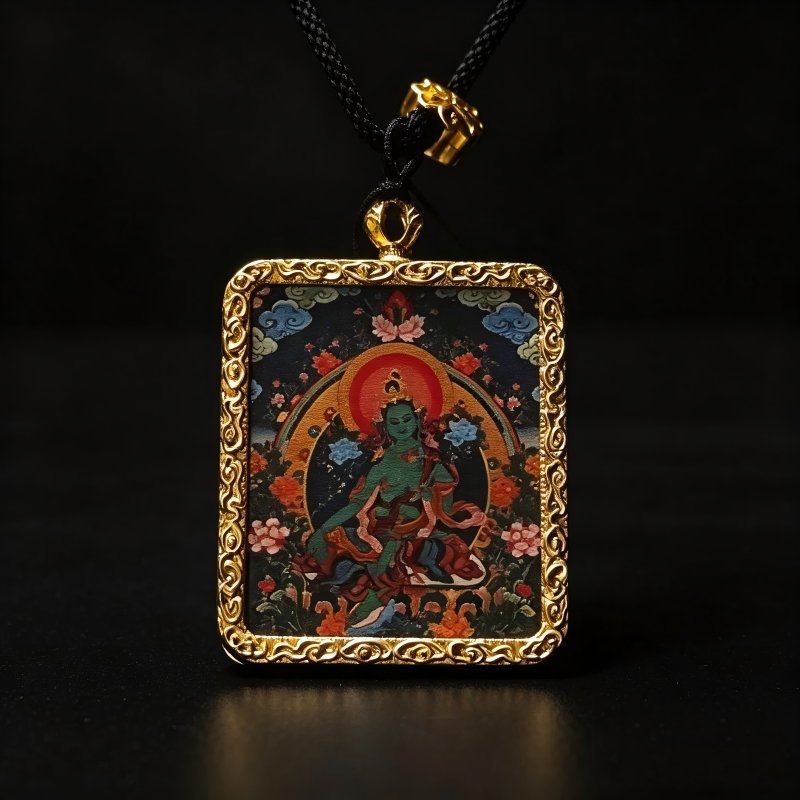 Chenrezig (Four-Armed Avalokiteshvara) Hand-Painted Thangka Pendant | Bodhisattva of Compassion Amulet for Peace & Protection image 3