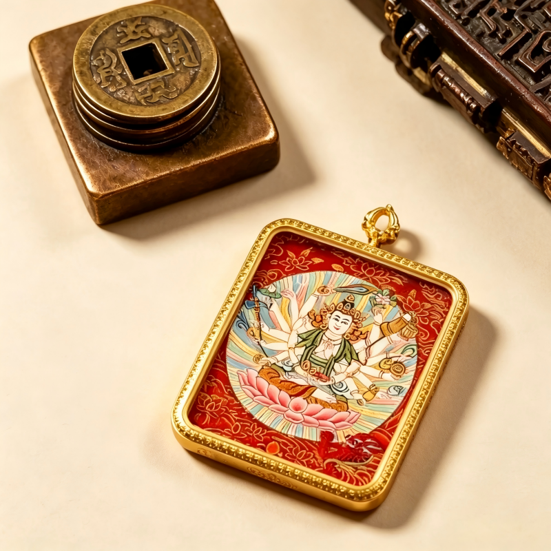 Cundi Bodhisattva Hand-Painted Thangka Pendant | Goddess of 1000 Blessings & Wish-Fulfillment Amulet