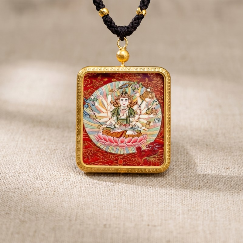 Cundi Bodhisattva Hand-Painted Thangka Pendant | Goddess of 1000 Blessings & Wish-Fulfillment Amulet image 2