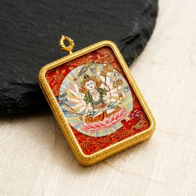 Cundi Bodhisattva Hand-Painted Thangka Pendant | Goddess of 1000 Blessings & Wish-Fulfillment Amulet image 4