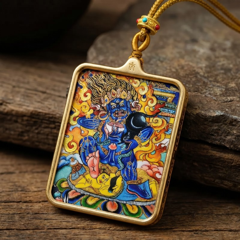 Double-Sided White Jambhala Thangka Pendant with Mantra | God of Wealth & Protection Amulet